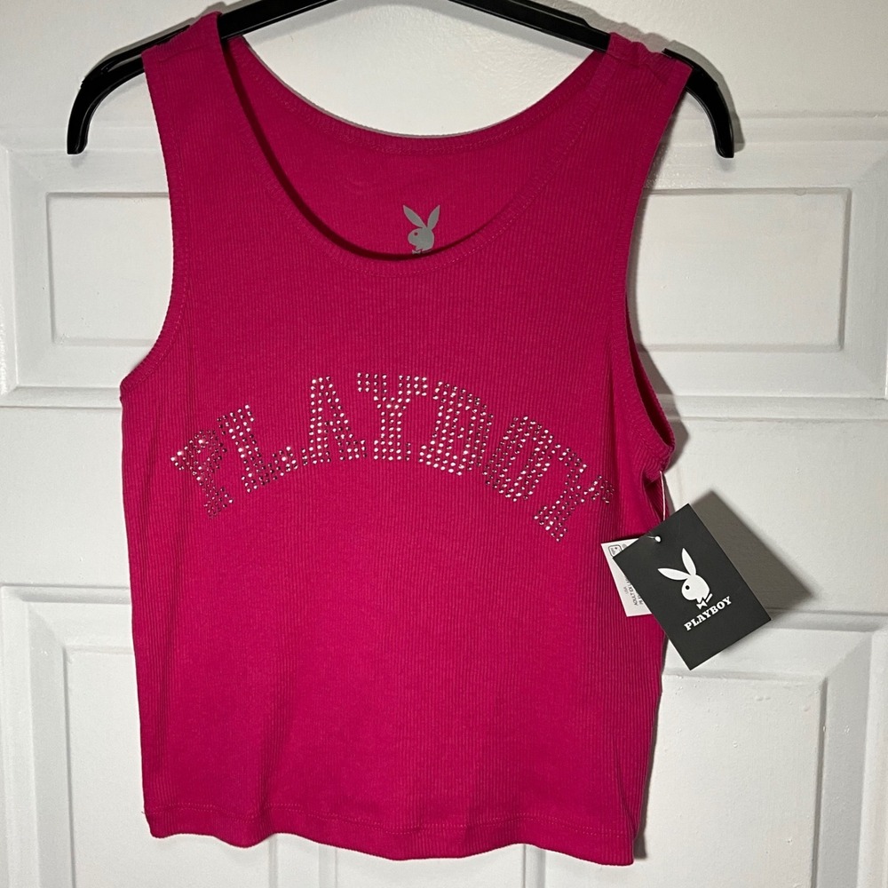 Playboy Womens Hot Pink Rhinestone Logo Ribbed Tank Top XL NWT Y2K Style